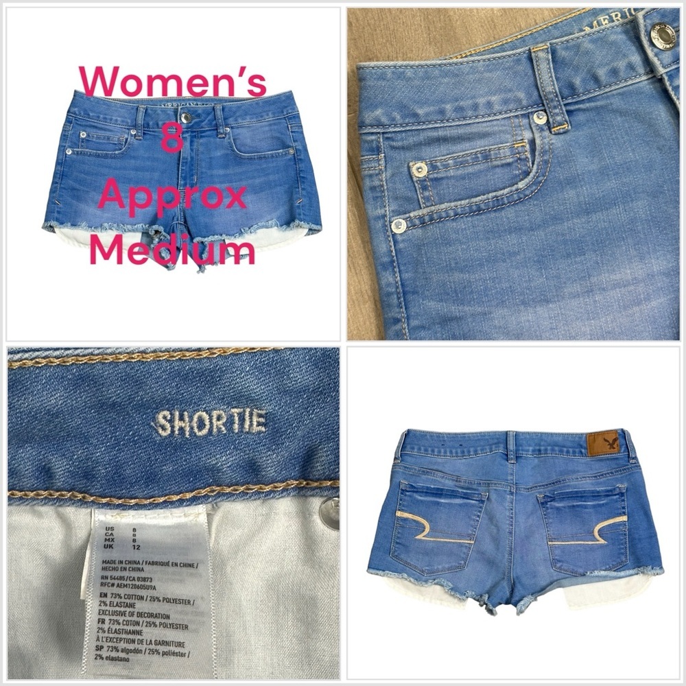 Women’s American Eagle AEO 8 Medium Shortie Shorts Jeans Blue Frayed Stretch
